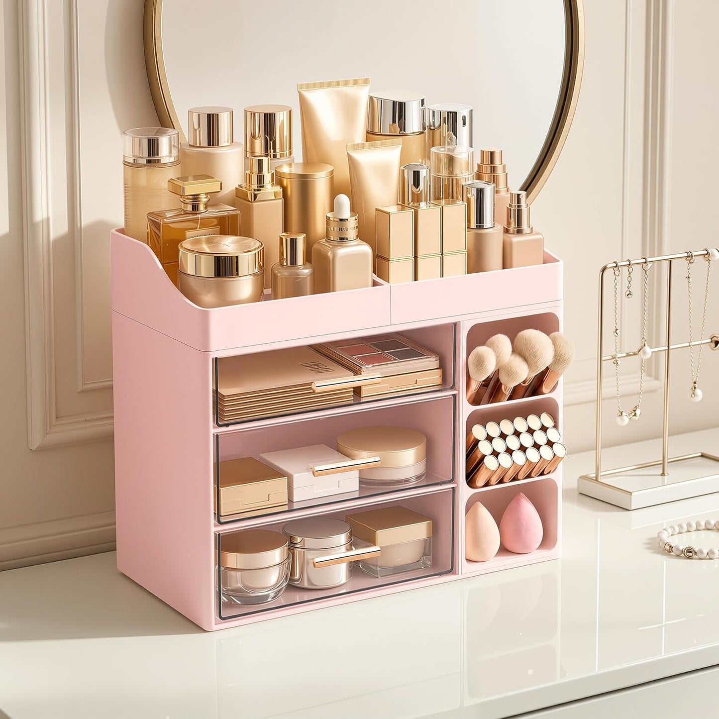 Makeup Organizer with Brush Holder - Large Bathroom Countertop Storage | Pink Dresser Organizer for Vanity
