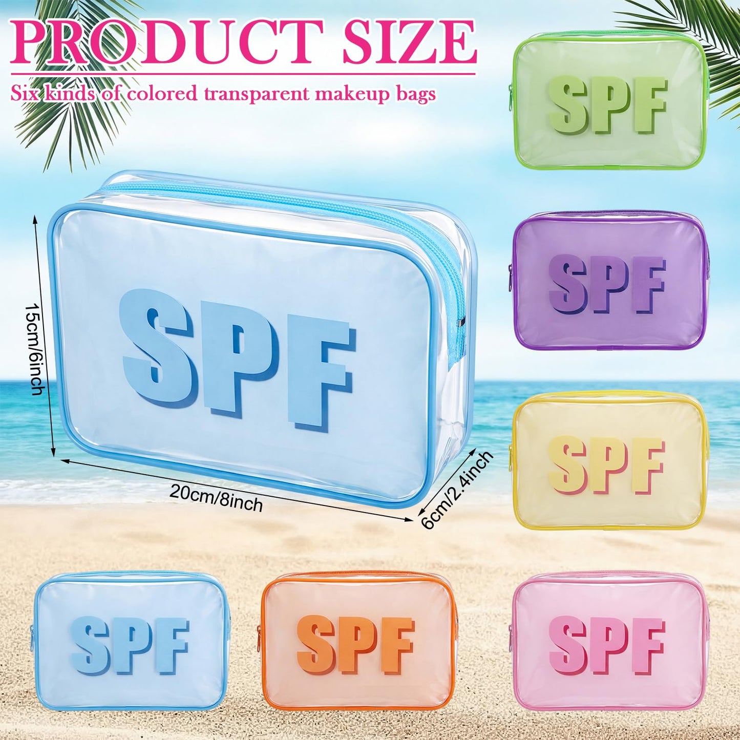 Reginary 6 Pcs Spf Sunscreen Bags Spf Makeup Bags for Beach Preppy Clear Cosmetic Pouch with Zipper Summer Waterproof Travel Toiletry Organizer Beach Vacation Essentials for Women Girls Trip Bestie