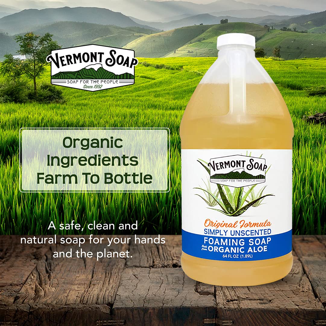 Vermont Soap Organic Unscented Foaming Hand Soap - Natural Moisturizing Liquid Soap for Dry Skin | 64 oz
