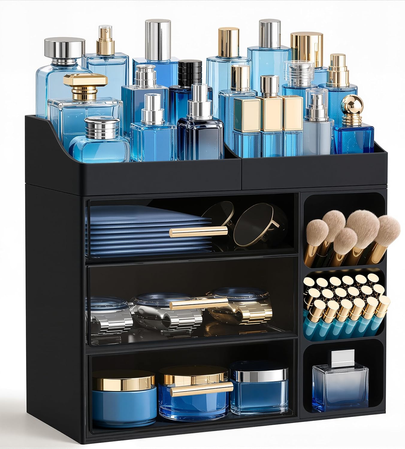 Makeup Organizer - Large Bathroom Countertop Storage with Brush Holder & Drawers | All White Dresser Organizer for Skincare & Vanity