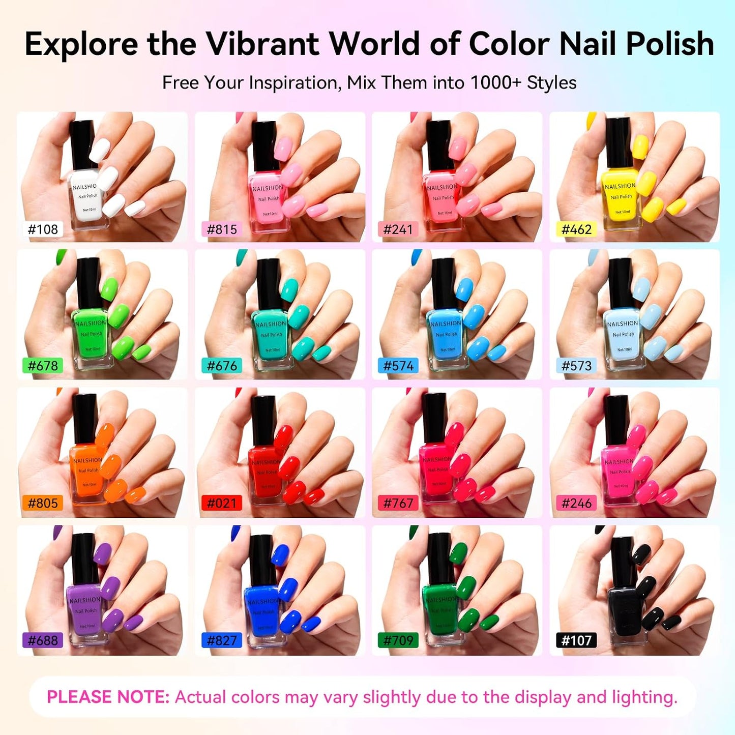 Rainbow Nail Polish Set - 10ml, 16 Colors | Air Dry, Base & Top Coat, Remover Pads for Nail Art Lovers