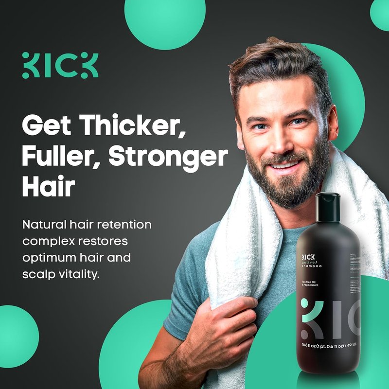 Kick Men's Shampoo - Peppermint & Tea Tree Oil Control - Sulfate-Free, Anti-Dandruff Formula | 16.6oz