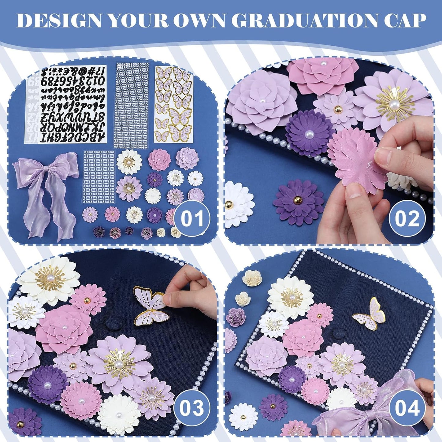DIY Graduation Cap Decorations Kit - 46 Pcs with Paper Flowers, 3D Butterflies, Rhinestones & Ribbon Bow | Purple