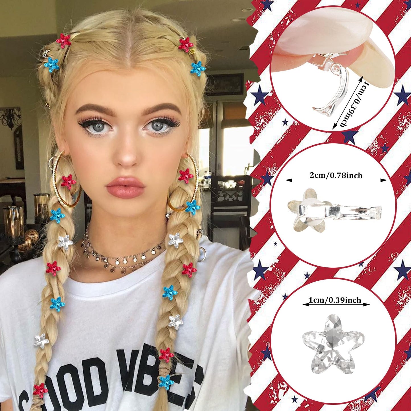 Oblihumoy 30Pcs 4th of July Red Blue White Hair Clips Rhinestone Star Small Hair Clip Independence Day Hair Accessories for Girls Women