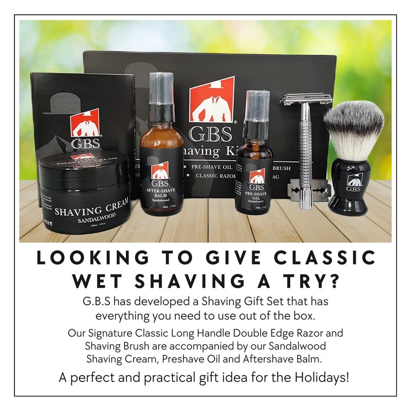 GENTS Complete Shaving Kit Gift Set for Men - Safety Razor with Sandalwood Shave Cream, Aftershave Balm, Pre-Shave Oil & Brush - Chriistmas Gift