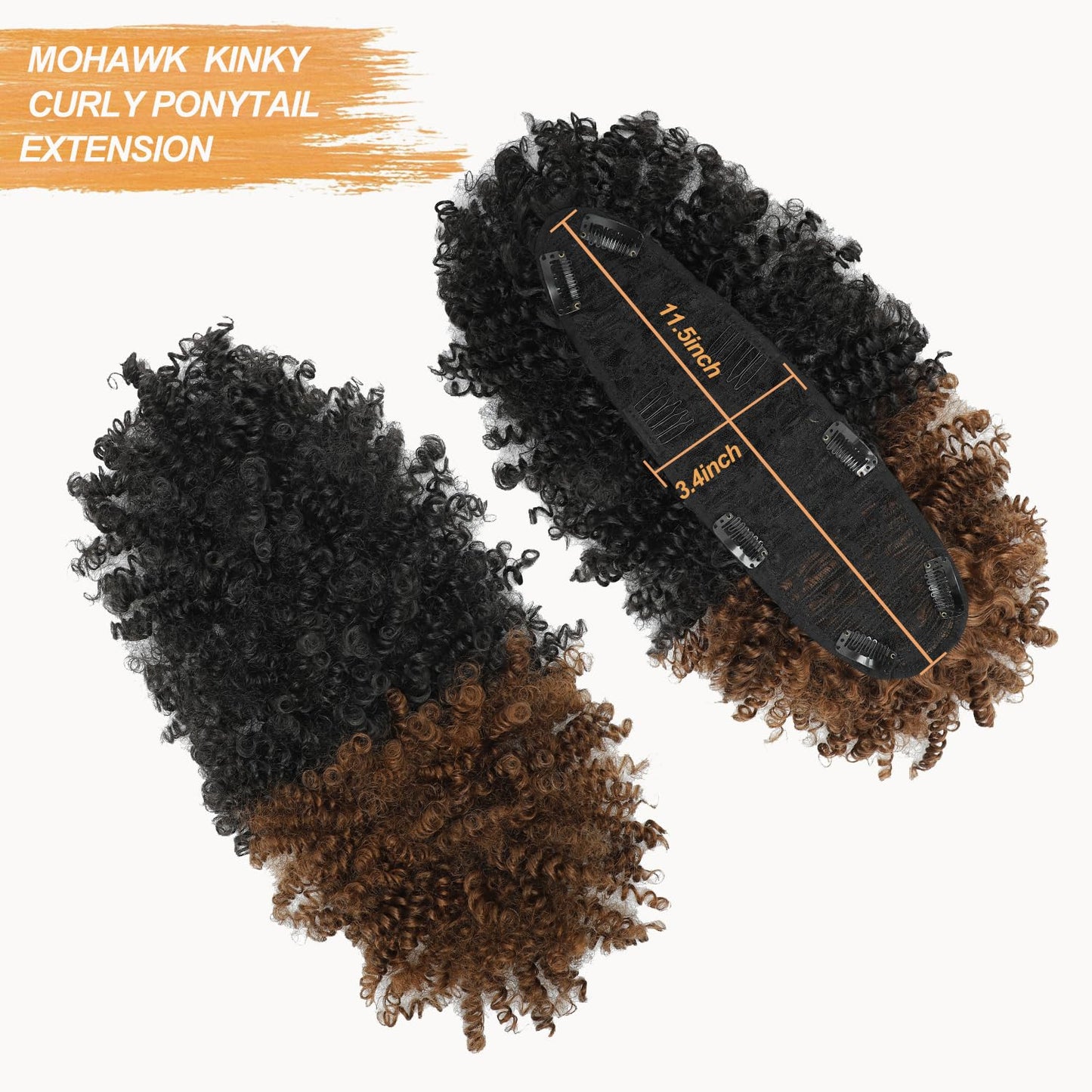Kinky Curly Mohawk Wig - Natural Black & Caramel Brown Ponytail with Bangs | Short Synthetic Clip-In Extension 2/30
