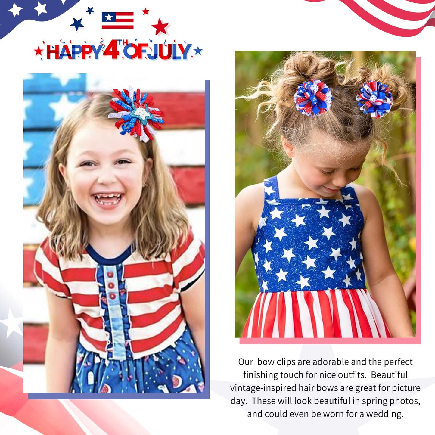 OAOLEER 4th of July American Flag Hair Bow Clips, Blue White Red Grosgrain Ribbon Alligator Bow, Kids Girls Women Hair Accessories For Party Supplies (Blue White Red-B)