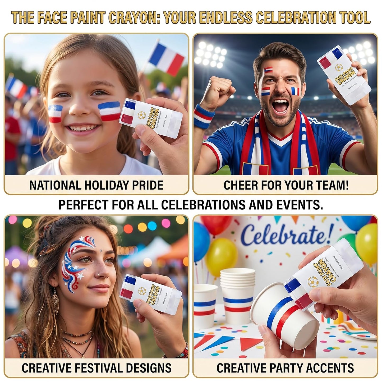 Face Body Paint Stick - Red White Blue Crayon for Soccer Fans | Washable Non-Toxic Game Day Makeup