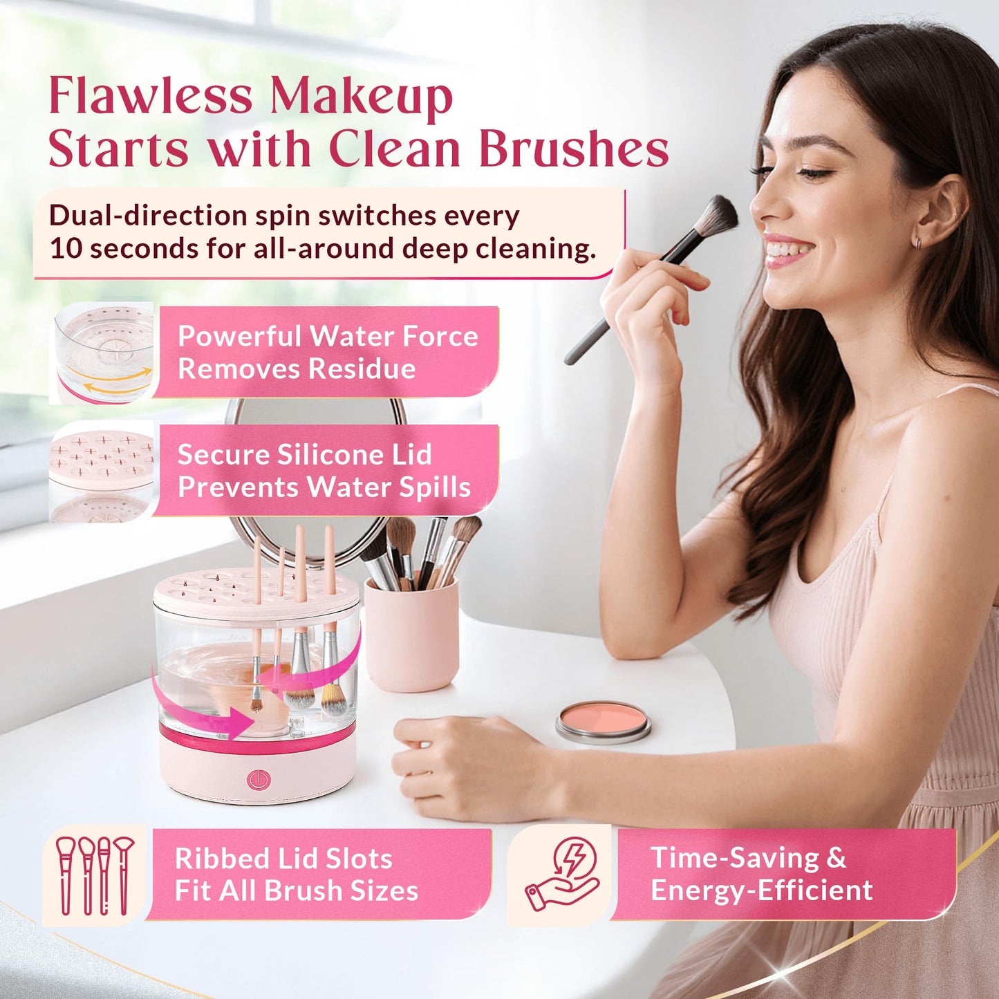 360° Makeup Brush Cleaner – Dual Spin Electric Makeup Brush Cleaning Machine, Holds 17 Brushes, Portable and Compact Design for Travel & Home Use, Perfect Brush Cleaner for Makeup Professionals