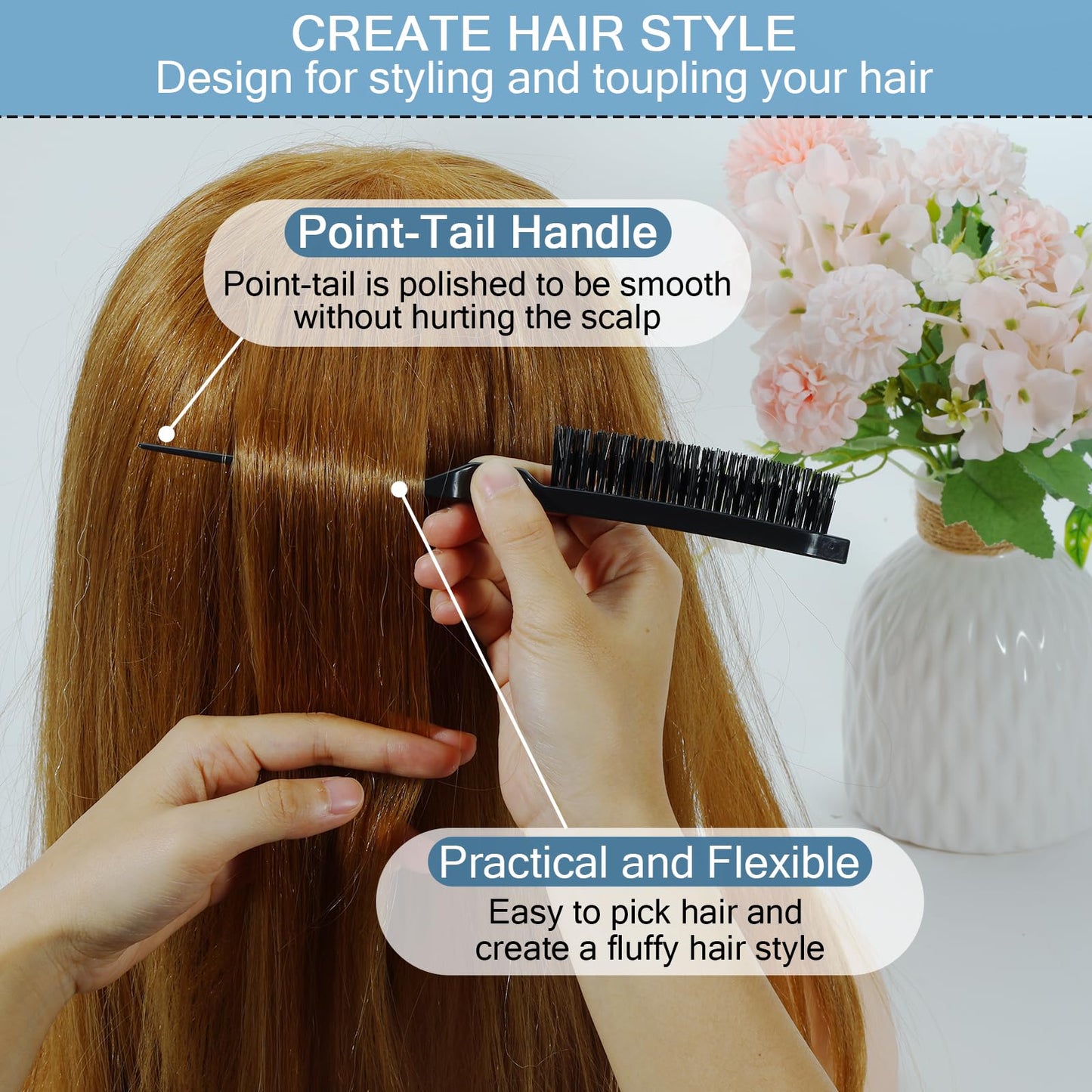 SIMPOR Teasing Hair Brush, Slick Back Hair Brush, Nylon Bristles Salon Styling Edge for Back Combing Lifting Create Volume Parting Stick for Women Men