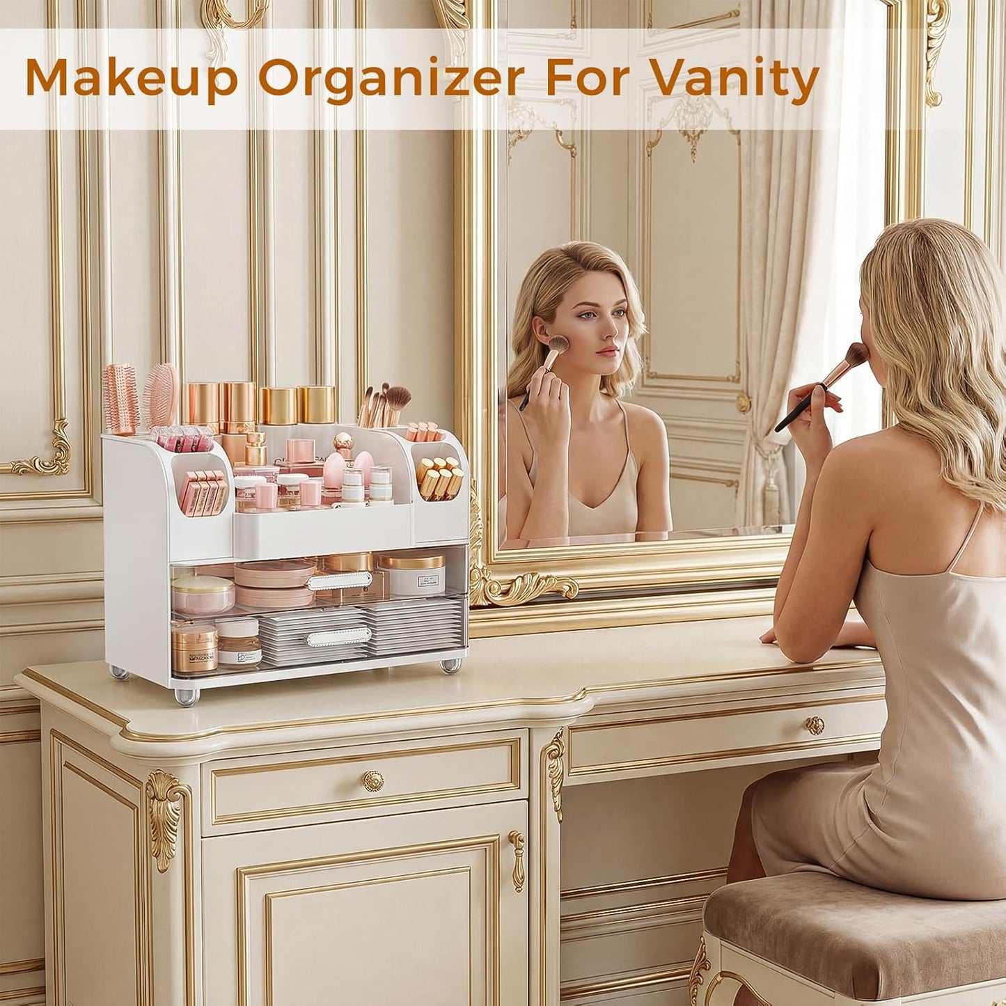Makeup Organizer - Large Vanity Storage with Drawers | Skincare, Brush Holder & Perfume Display (White)