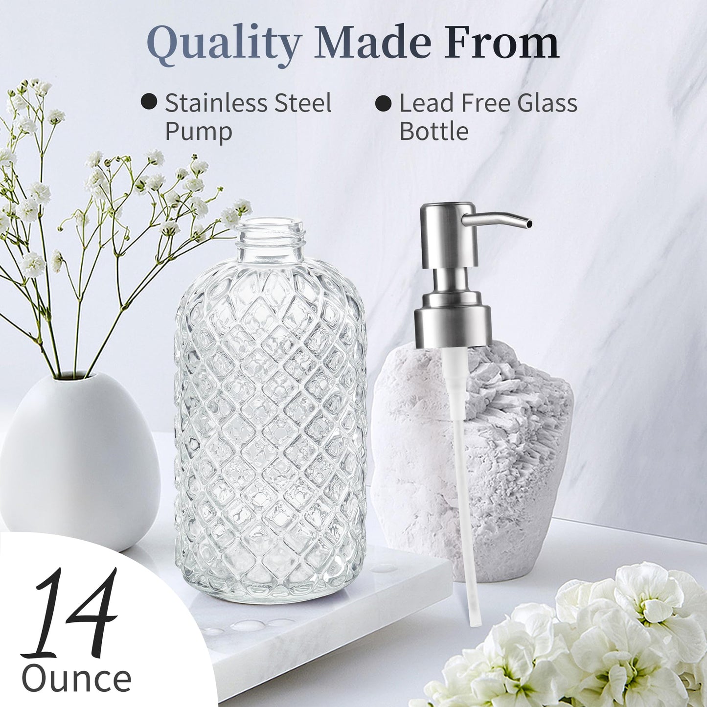 Kaishun 14 OZ Refillable Glass Soap Dispenser for Hand Soap & Lotion, Clear