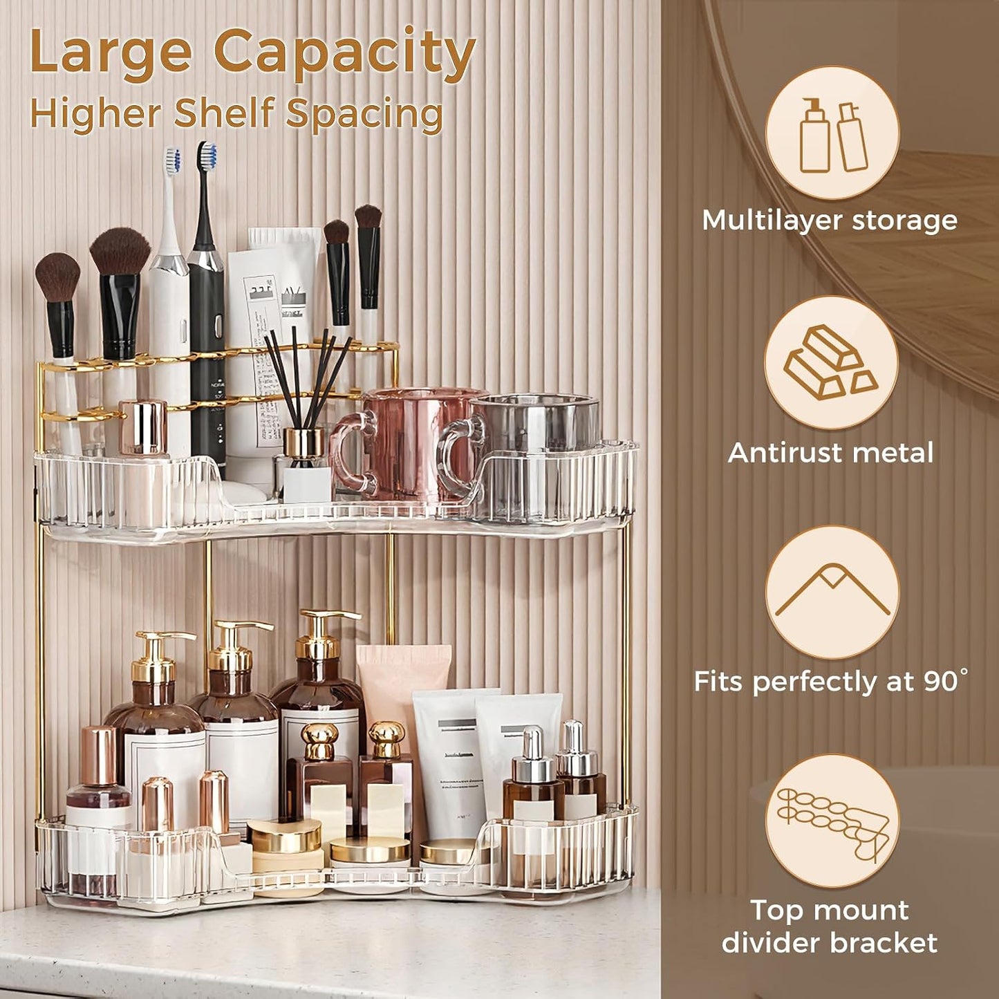 Corner Bathroom Counter Organizer - Upgraded 2-Tier Makeup & Skincare Storage | Clear