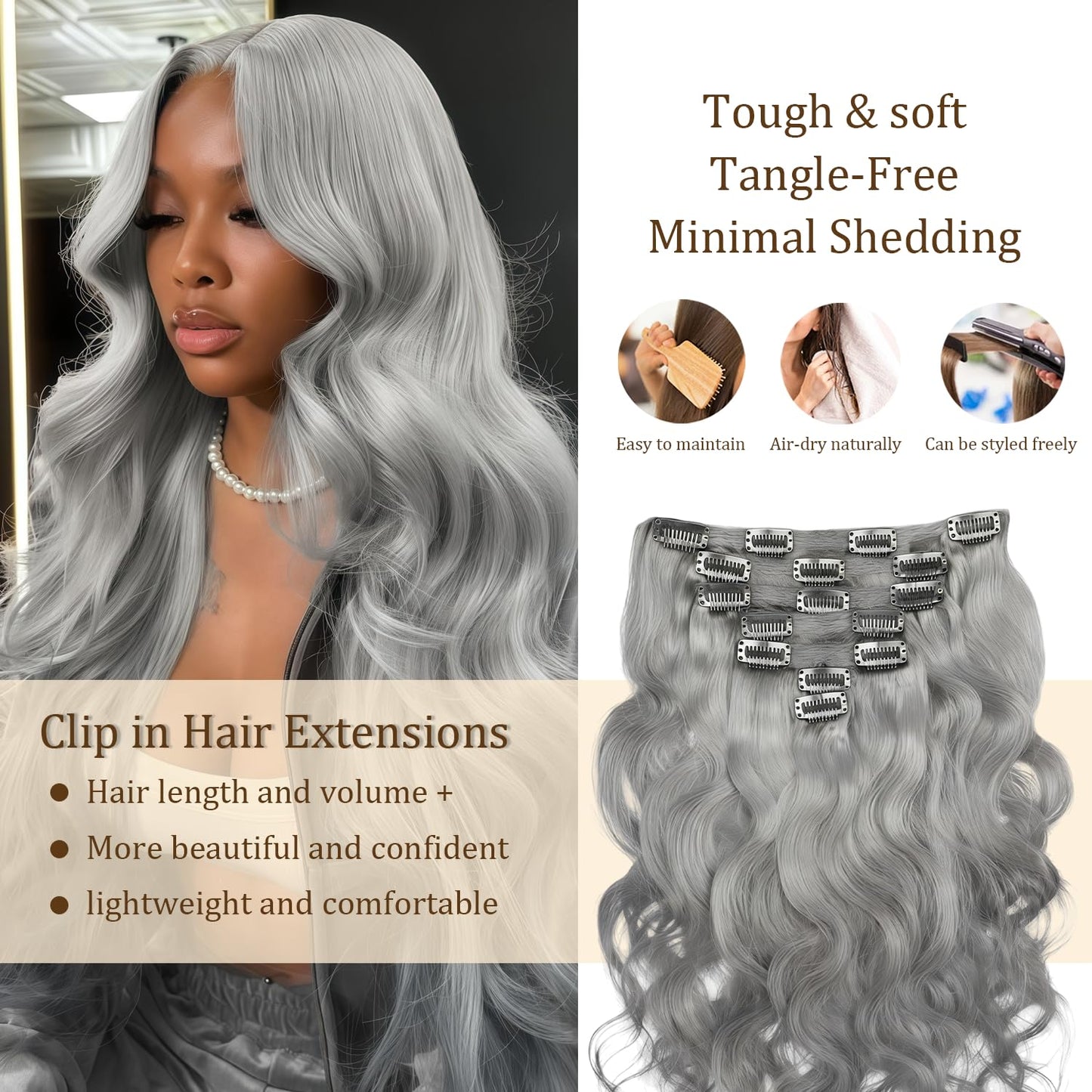 Grey Clip in Hair Extensions Real Human Hair, 20 Inch 120g/7Pcs,Full Shine Remy Human Hair,Gray Body Wave Clip ins Brazilian Virgin Human Hair Extensions