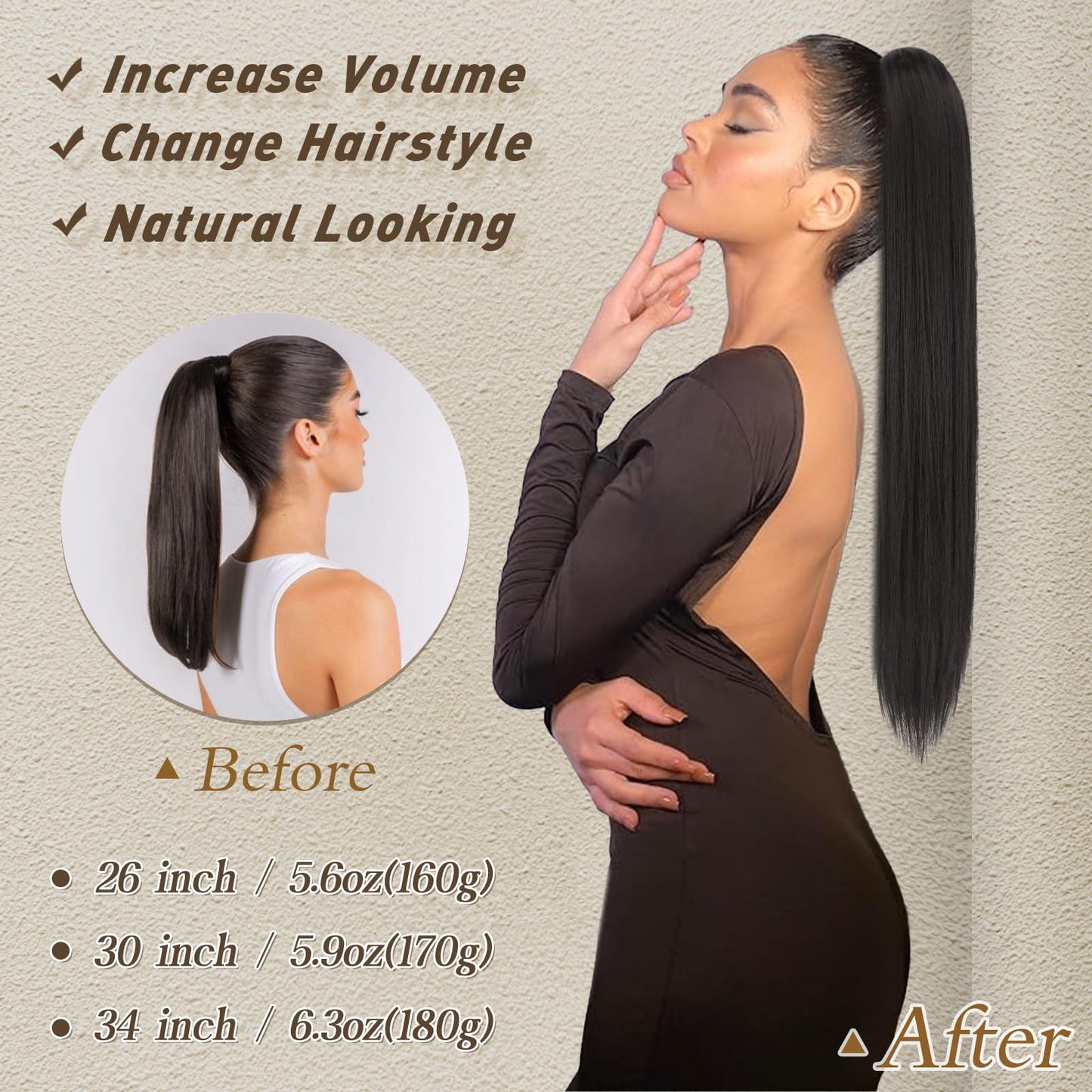 BARSDAR Brown Ponytail Extension - 26 Inch Long Straight Drawstring Ponytail Hair Extensions Synthetic Clip in Pony Tails Hairpieces Fake Straight Ponytail for Women Girls Daily- Dark Brown