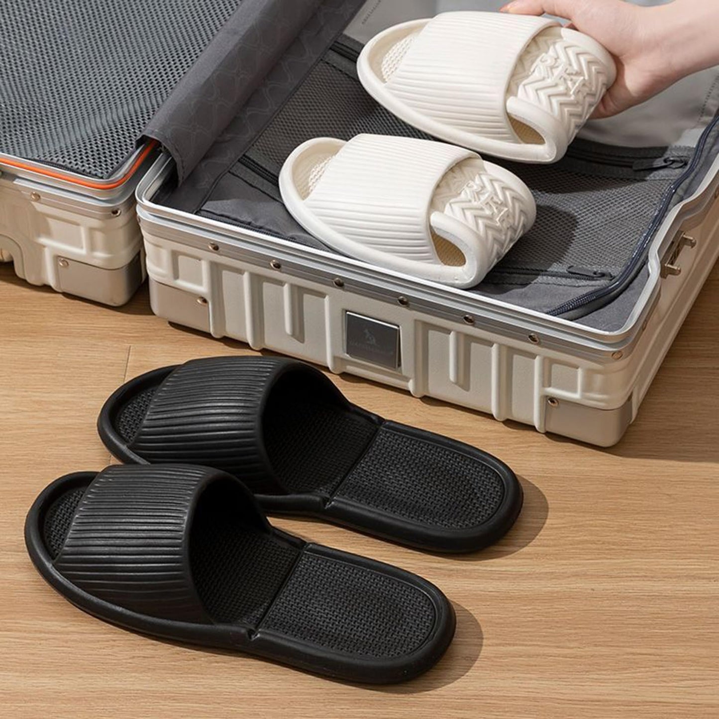 SNUGATICA Shower Shoes Travel Foldable Portable Non Slip Slippers for Hotel Guests Swimming Spa Unisex Men Women Lightweight EVA Bathroom Slides Quick Drying Water Resistant Footwear