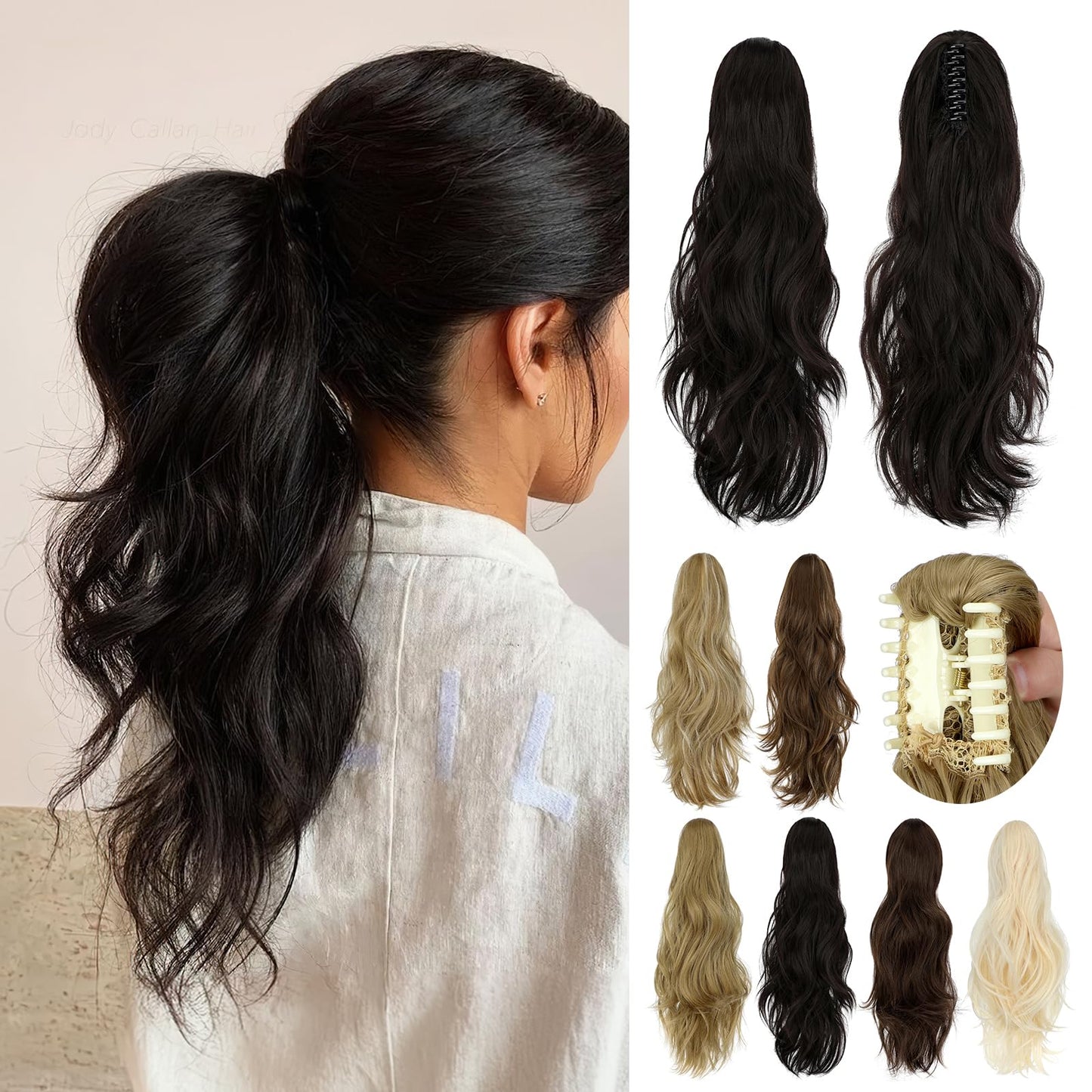 Cephermer Ponytail Extension Claw 18" Natural-Looking Synthetic Wavy Long Pony Tails Hair Extensions Dark Brown Clip-In Hairpiece for Women