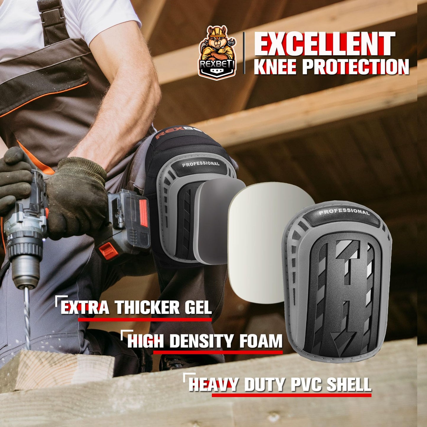 REXBETI Knee Pads for Work, Construction Knee Pads for Men, Heavy Duty Comfortable Anti-slip Foam Gel for Gardening Flooring and Cleaning, Strong Stretchable Straps, Gray