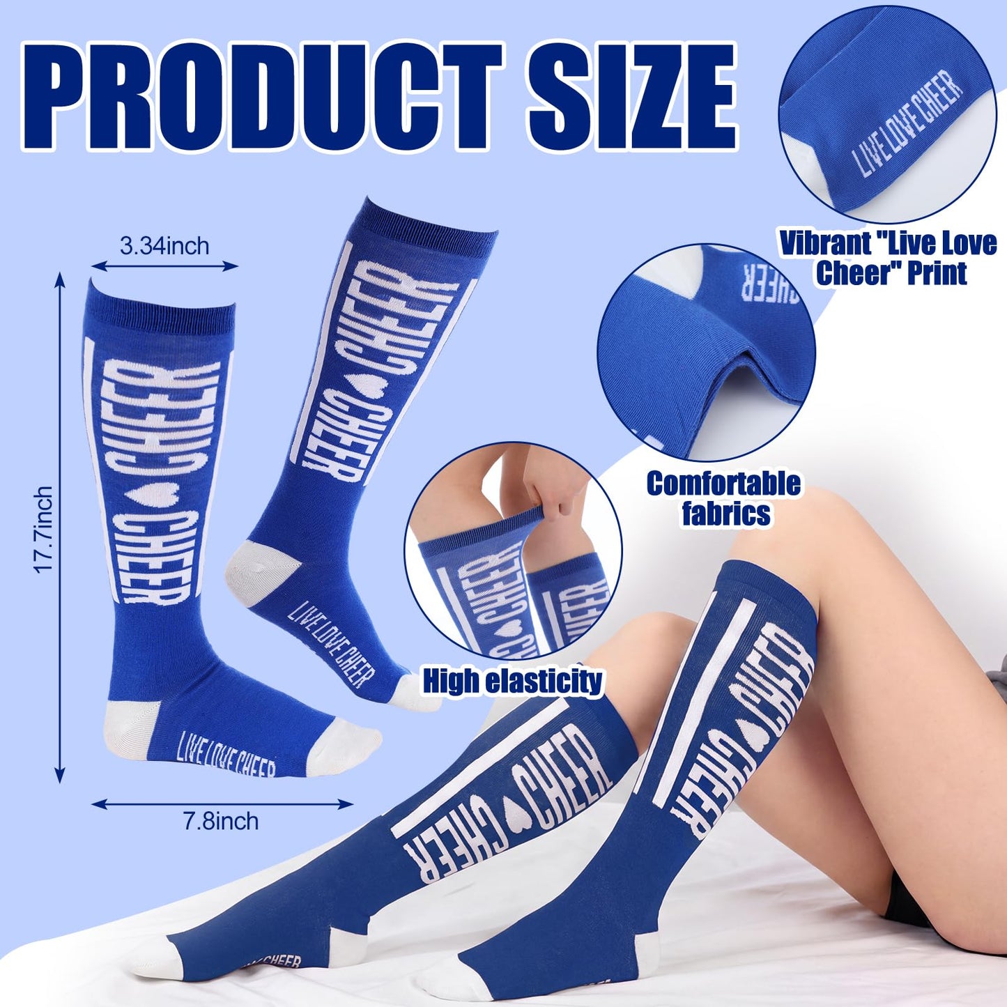 Twistover 6 Pairs Cheer Socks Bulk Live Love Cheer Cheerleader Team Knee-High Cheers Sock Spirit Team Accessories Gifts (Royal Blue)