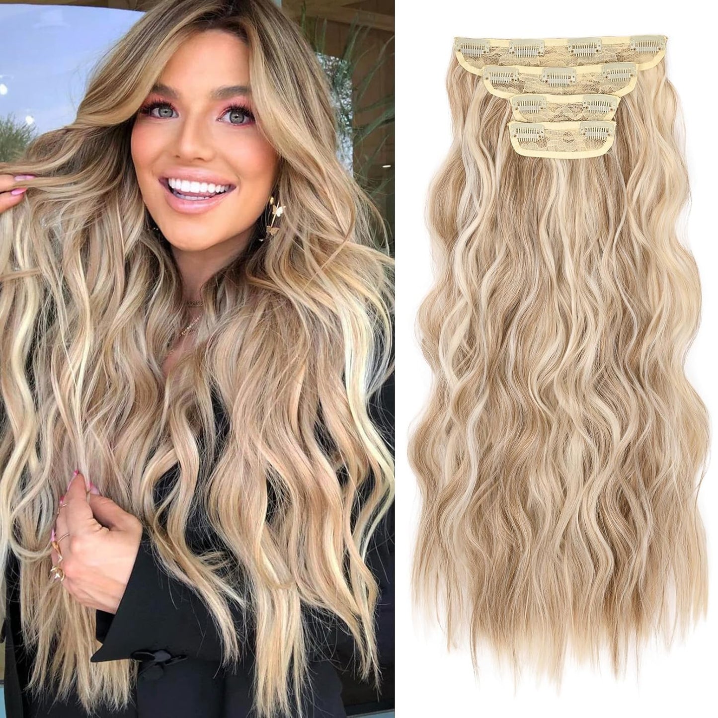 Clip-In Hair Extensions - 4PCS Natural Soft Synthetic Hairpieces for Women | Platinum Blonde