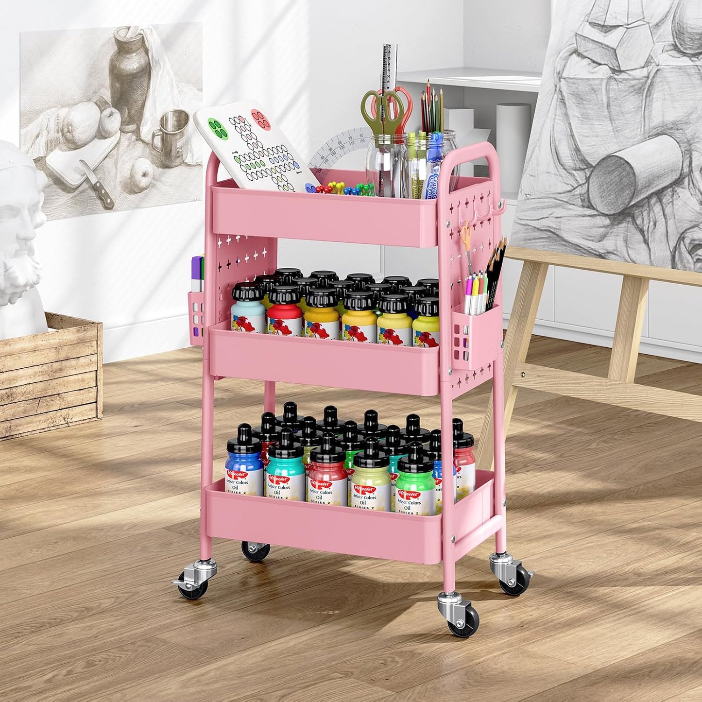 Metal Rolling Storage Cart - 3-Tier Utility Mobile Trolley with DIY Pegboards & Baskets | Pure Pink