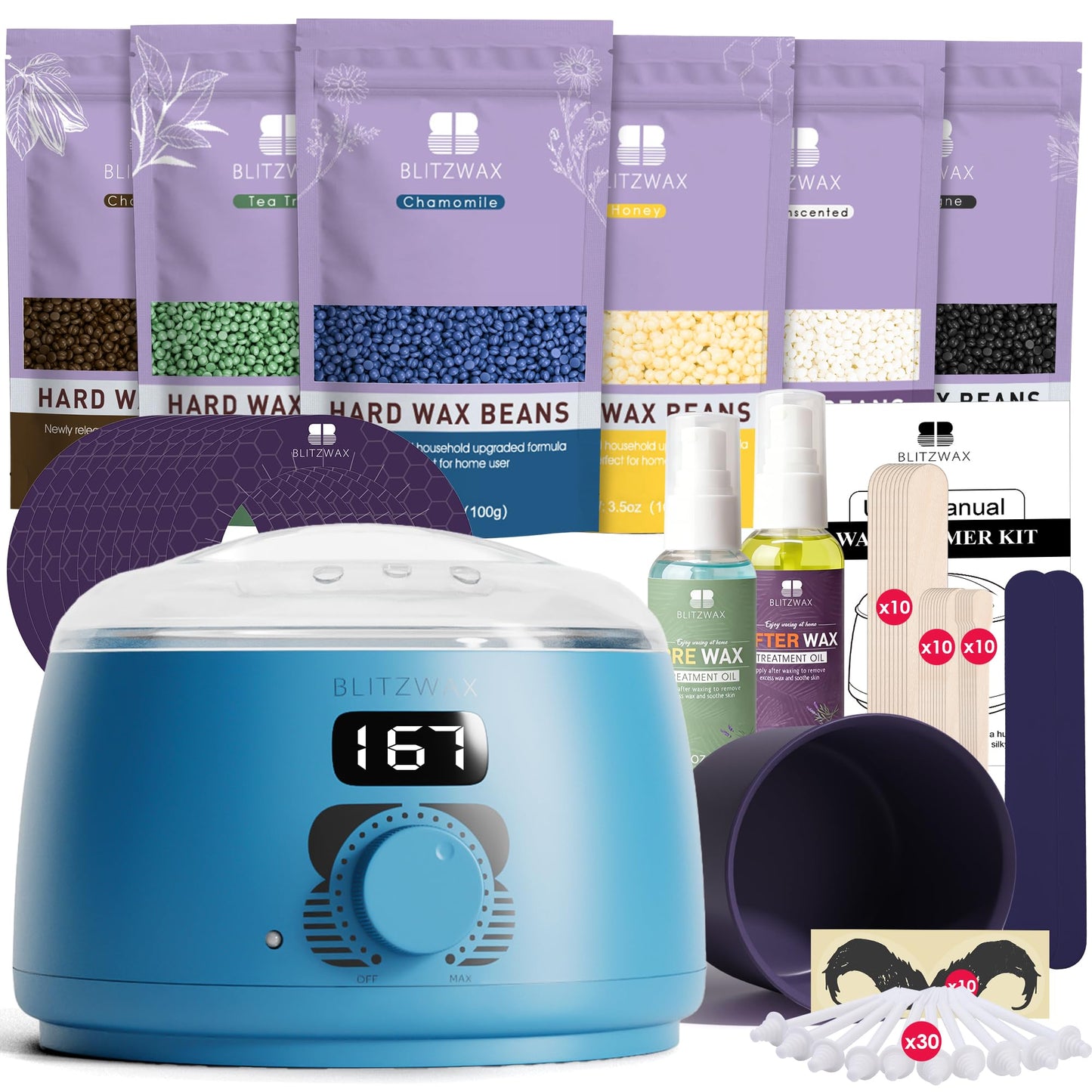 BLITZWAX Back and Nose Waxing Kit for Men, Hard Wax Warmer for Brazilian, Body and Face, At Home Hair Removal Kit, Beginner Friendly, Quick Heating, 93 Accessories, Royal Blue
