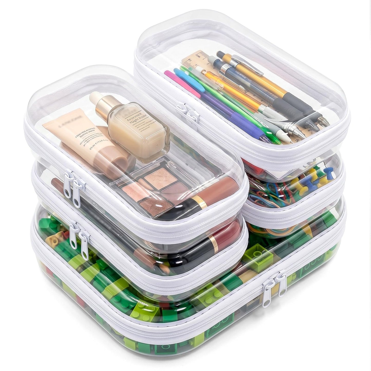 CarryEpic Clear Hard Shell Zipper Cases (5 Packs), Plastic Hard Sided Zippers Pouches Clear Hardshell Pencil Case For Storage, Diaper Bag Organizer Bliss Bins 4*Small/1*Medium