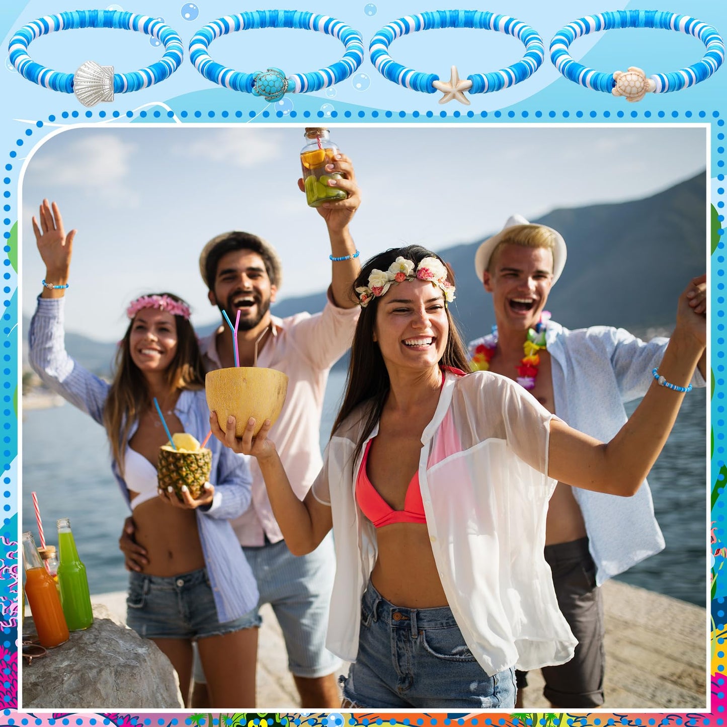 Huquary 24 Pcs Under the Sea Party Favors Ocean Polymer Clay Beaded Bracelets Bulk Shell Turtle Starfish Ankle Bracelets for Under the Sea Themed Birthday Summer Beach Party Supplies