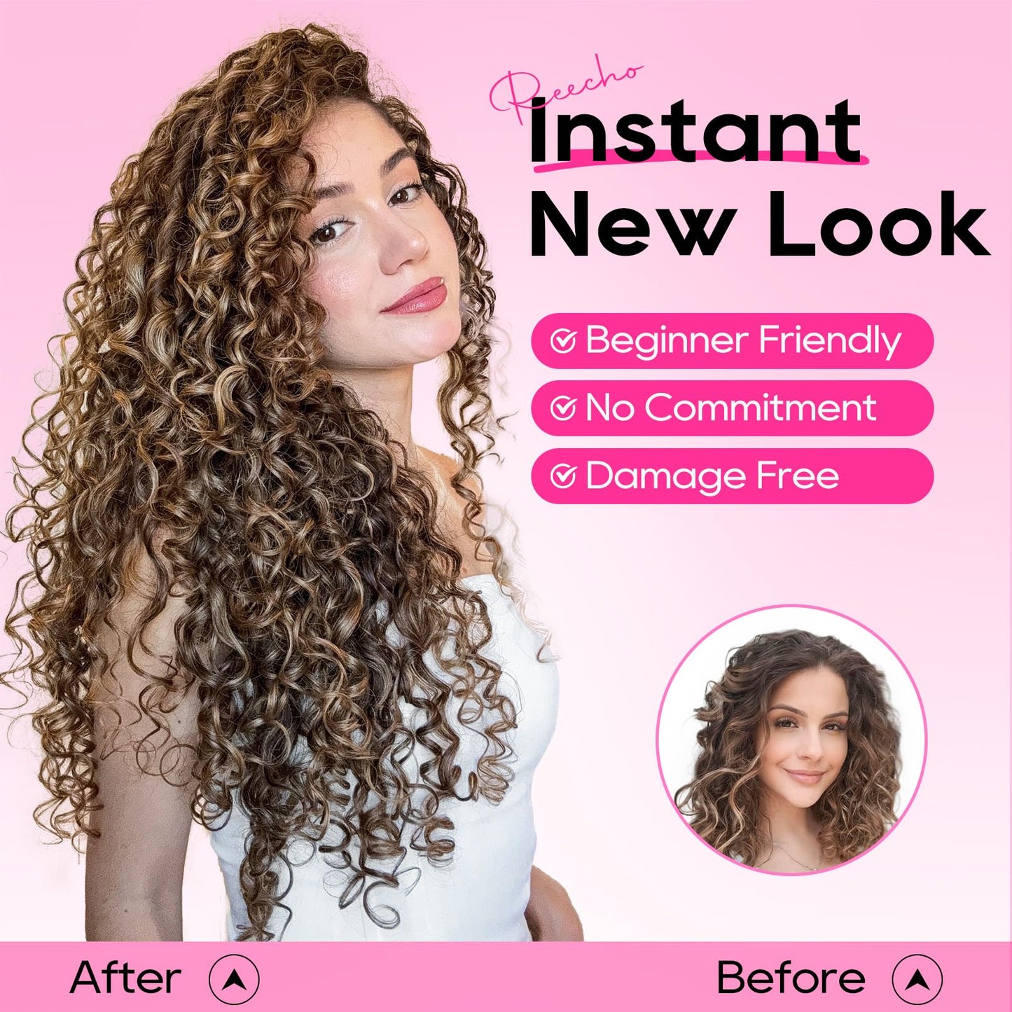 REECHO Curly Hair Extensions - 4PCS 18" GoGo Clip in Hair Extensions 100% Super Protein Hairpieces with Invisible Lace Weft Silky Soft Natural Look for Women - Golden Walnut