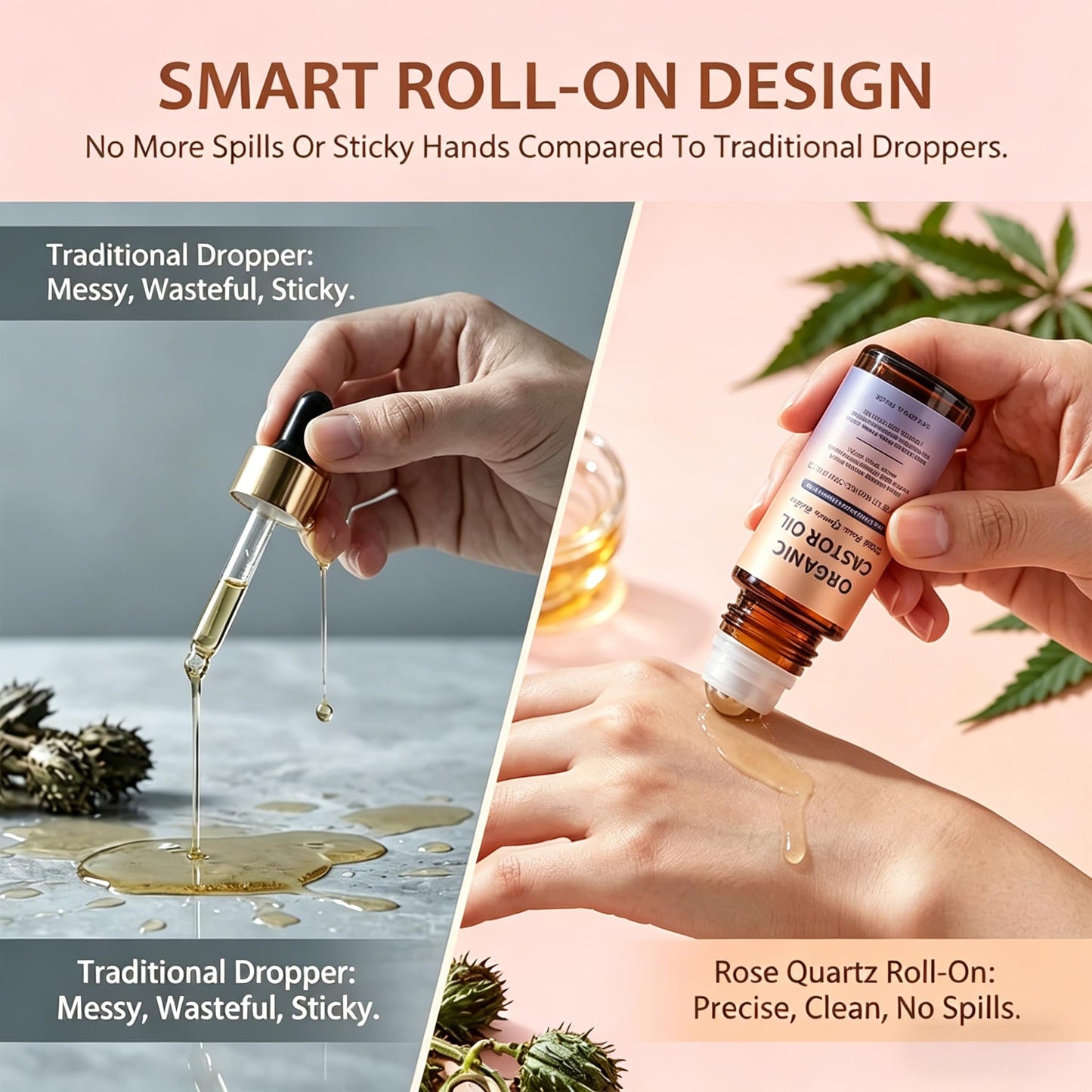 Organic Castor Oil Roll On with Rose Quartz Roller,100% Cold Pressed Moisturizing Oil,for Face,Body, Neck & Under Eye Care, Smooth-Glide Massage Roller, 50ml / 1.7 fl oz