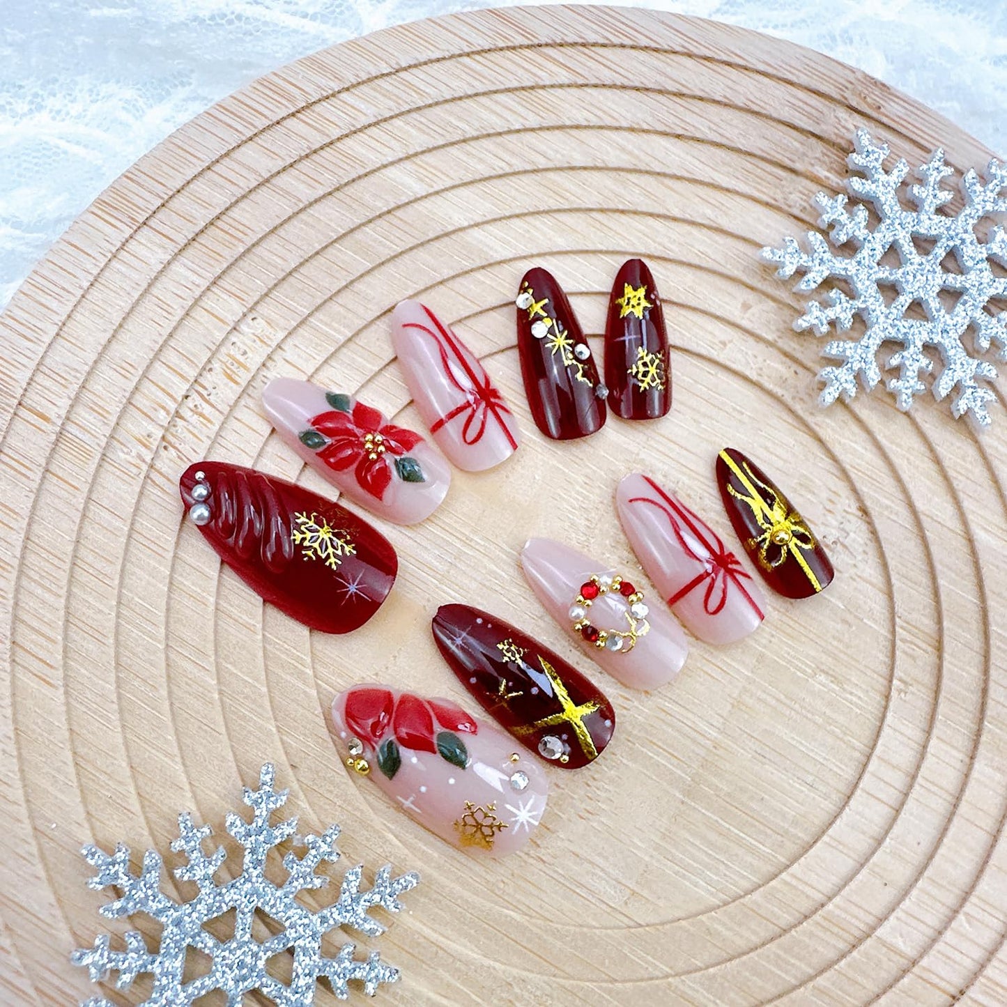Christmas Press-On Nails - 24Pcs Medium Almond Acrylic with 3D Gold Snowflake & Floral Designs | Winter Red Full Cover
