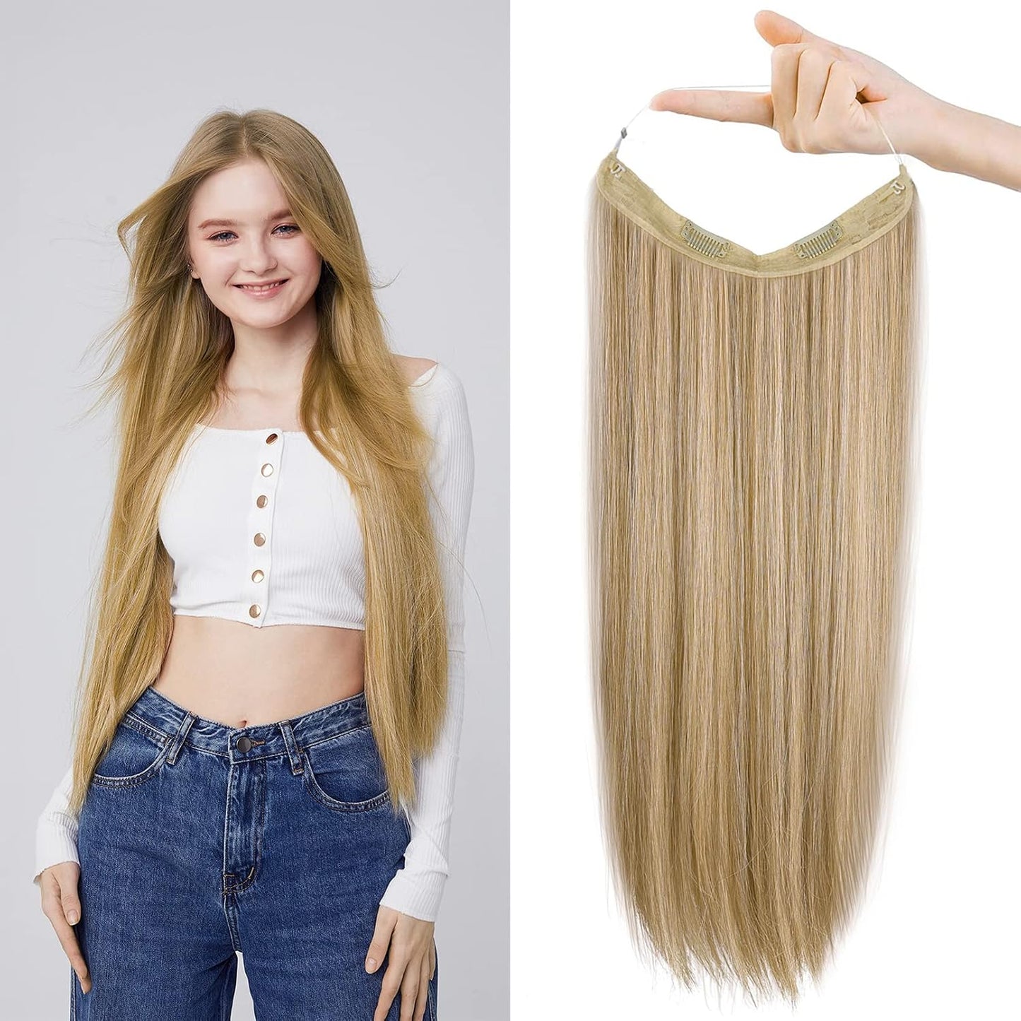 Invisible Wire Hair Extensions - Adjustable Transparent Headband with Secure Clips | Natural Black Hairpiece for Women