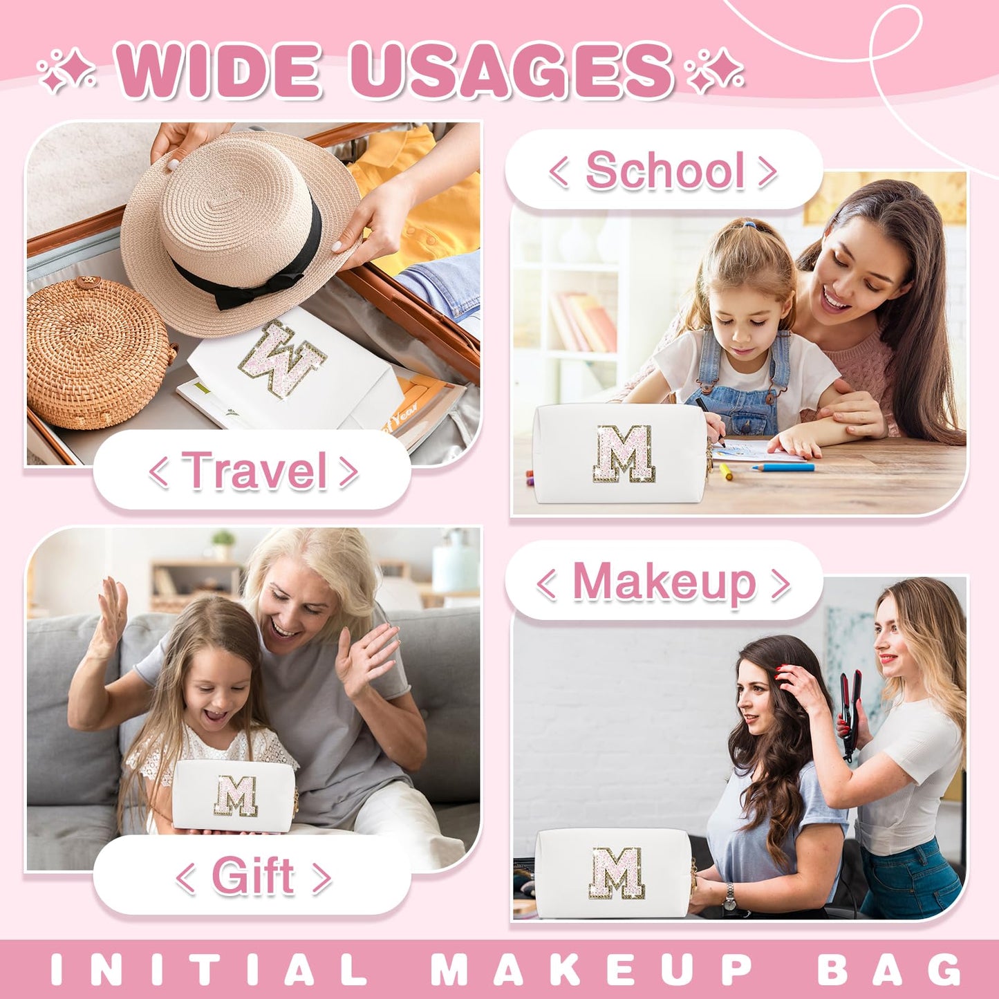 Small Initial Patch Makeup Bag Personalized Gifts Make Up Bag,White Cute PU Leather Glitter Letter Cosmetic Bag with Zipper,Trendy Portable Travel Toiletry Pouch,Preppy Stuff for Teen Girls Women M