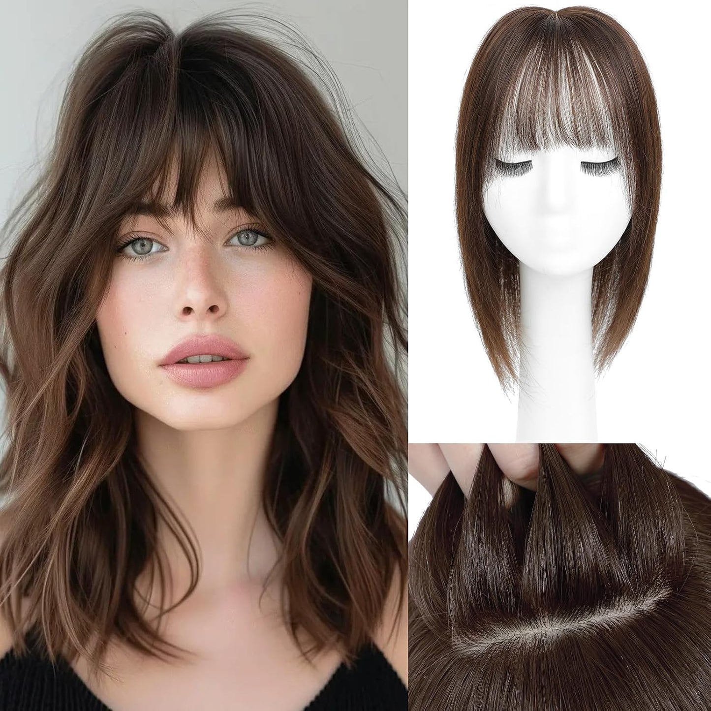 Aimeolyn Hair Toppers for Women - Real Human Hair 12-Inch Wiglets with Bangs | Natural Skin Scalp for Thinning Hair
