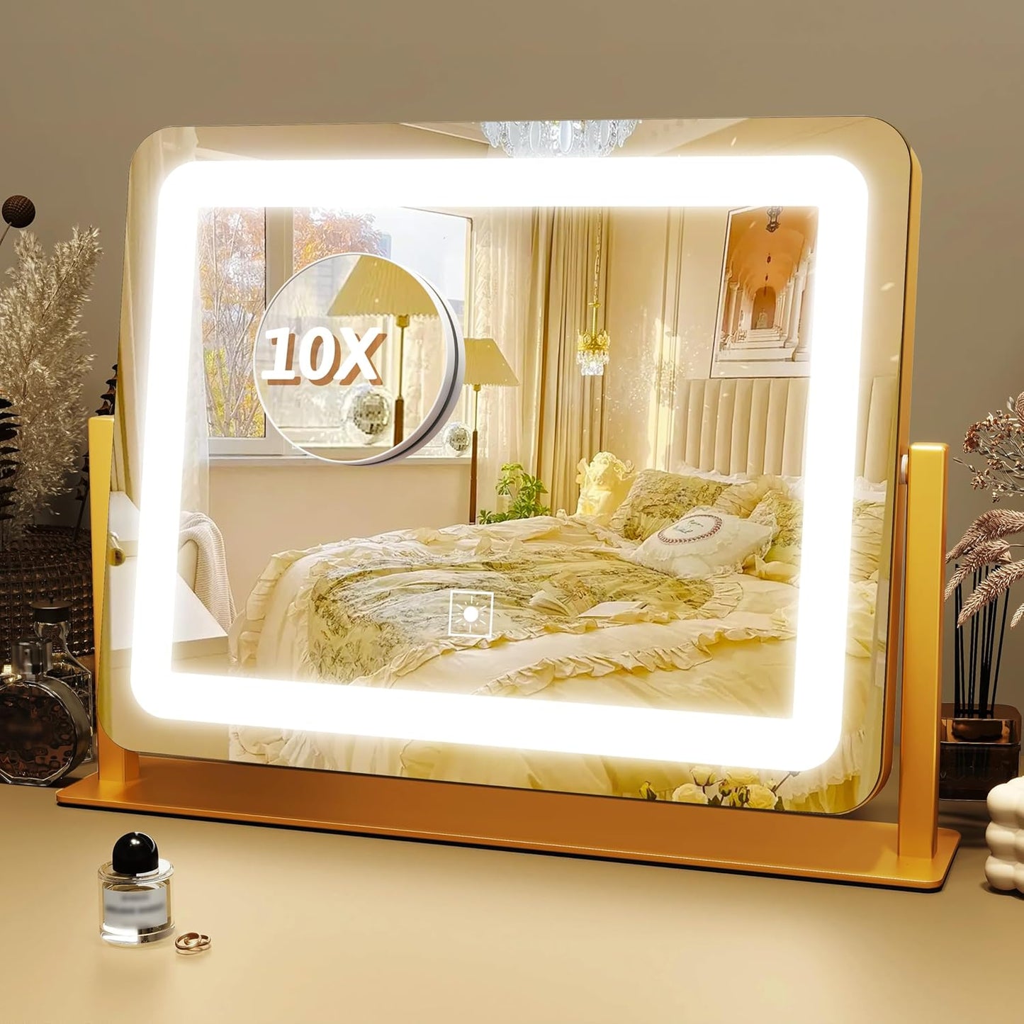 FENNIO LED Vanity Mirror with Lights - 23" x 18" Hollywood Makeup Mirror | 3 Color Modes & Adjustable Brightness, Gold Finish