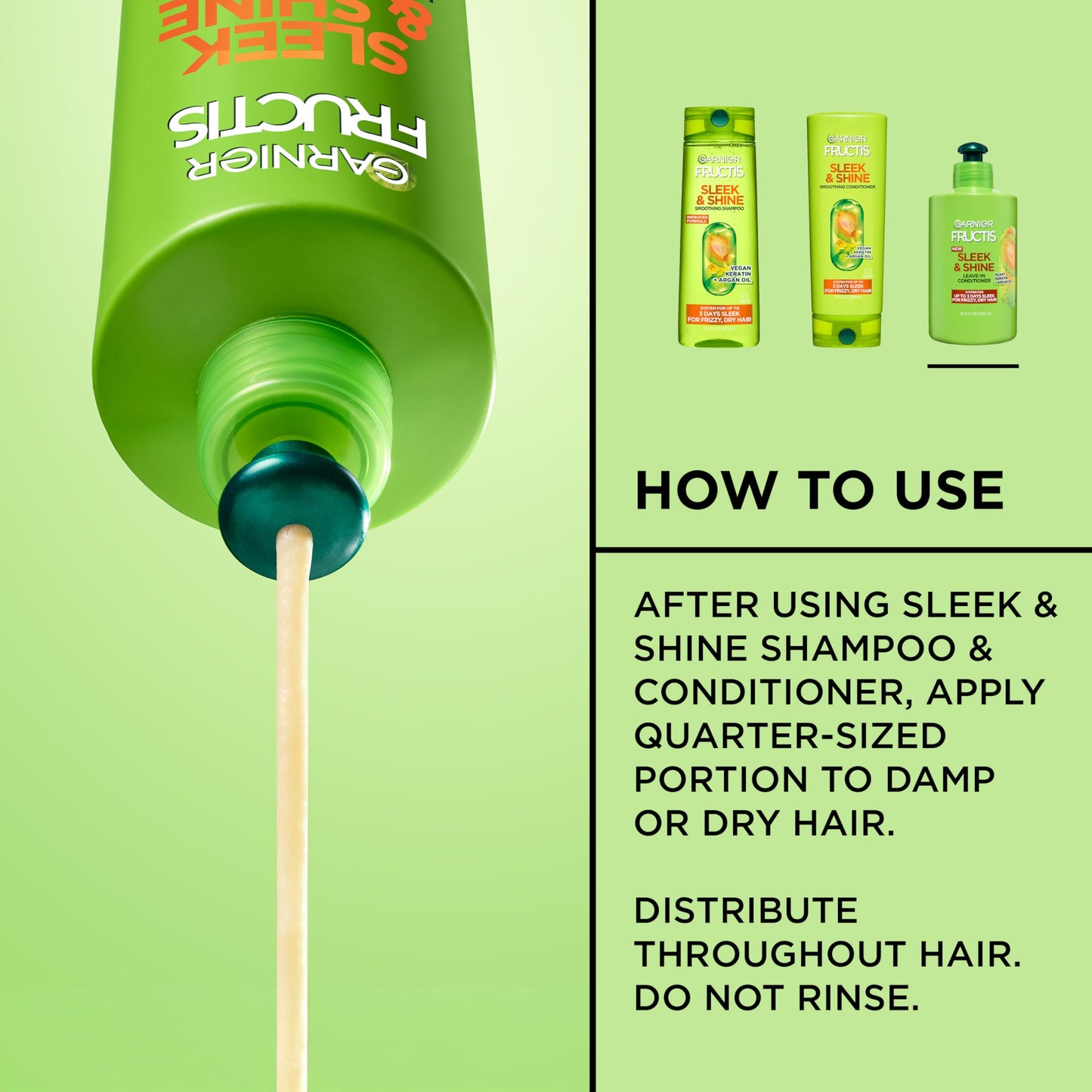 Garnier Fructis Sleek & Shine Leave-In Conditioning Cream for Frizzy, Dry Hair, Plant Keratin + Argan Oil, 10.2 Fl Oz, 1 Count (Packaging May Vary)