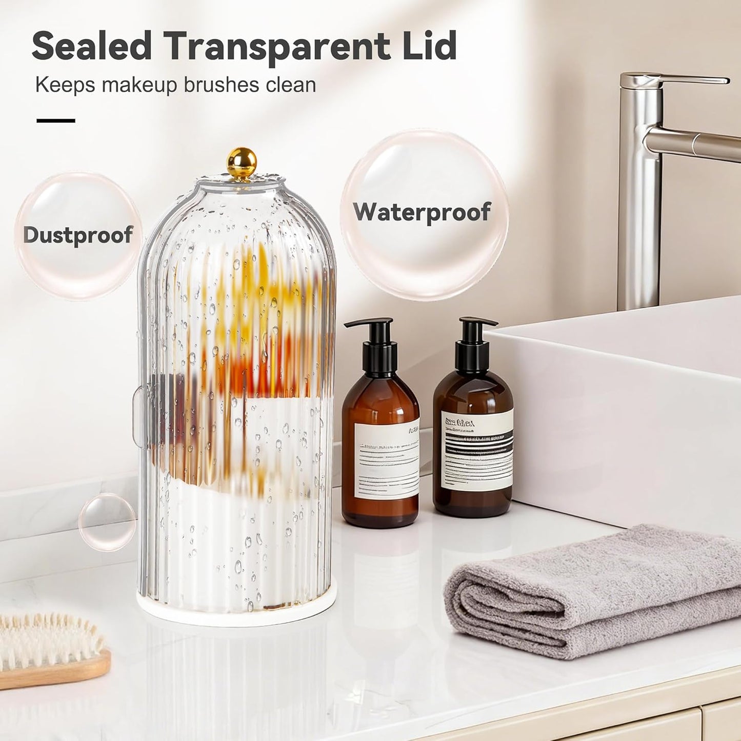 360° Rotating Makeup Brush Holder - Waterproof Three-Compartment Organizer | Dustproof Vanity Storage (Transparent)