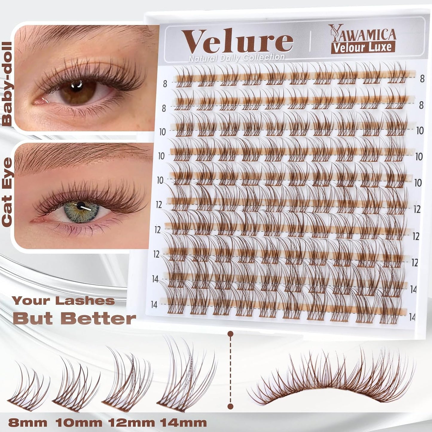 Natural Velour Brown Lash Clusters - Wispy Individual Lashes 8-14mm | CC Curl, Wide Band