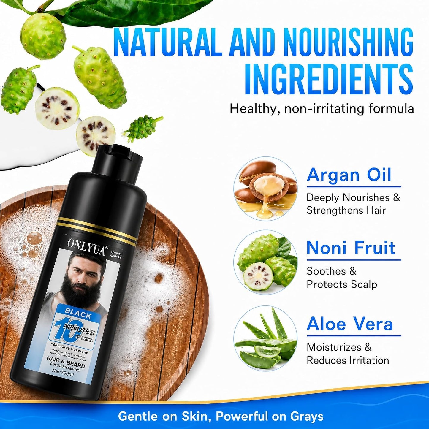 Men's Beard Dye & Hair Dye Shampoo - Semi-Permanent Black Beard Color for Instant Gray Coverage | Natural Formula, Works in 10 Minutes