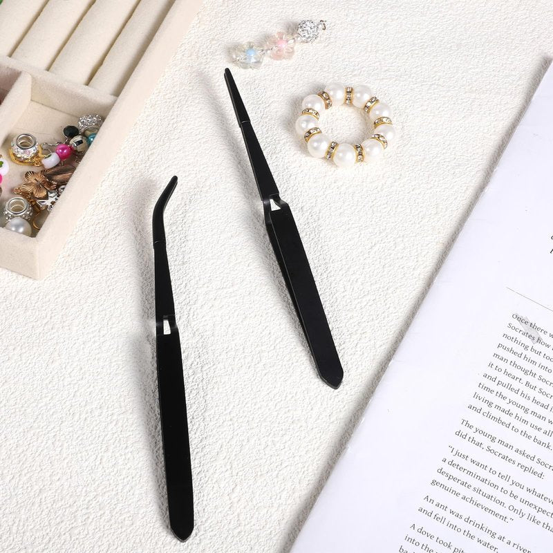 Reverse Tweezers for Crafting, 2 Pcs Rubber Tipped Tweezers Stainless Steel PVC Coated Bent and Straight Flat Tip Cross Locking Precision Tweezer Set for Crafts Jewelry Beads Coins Electronic (Black)