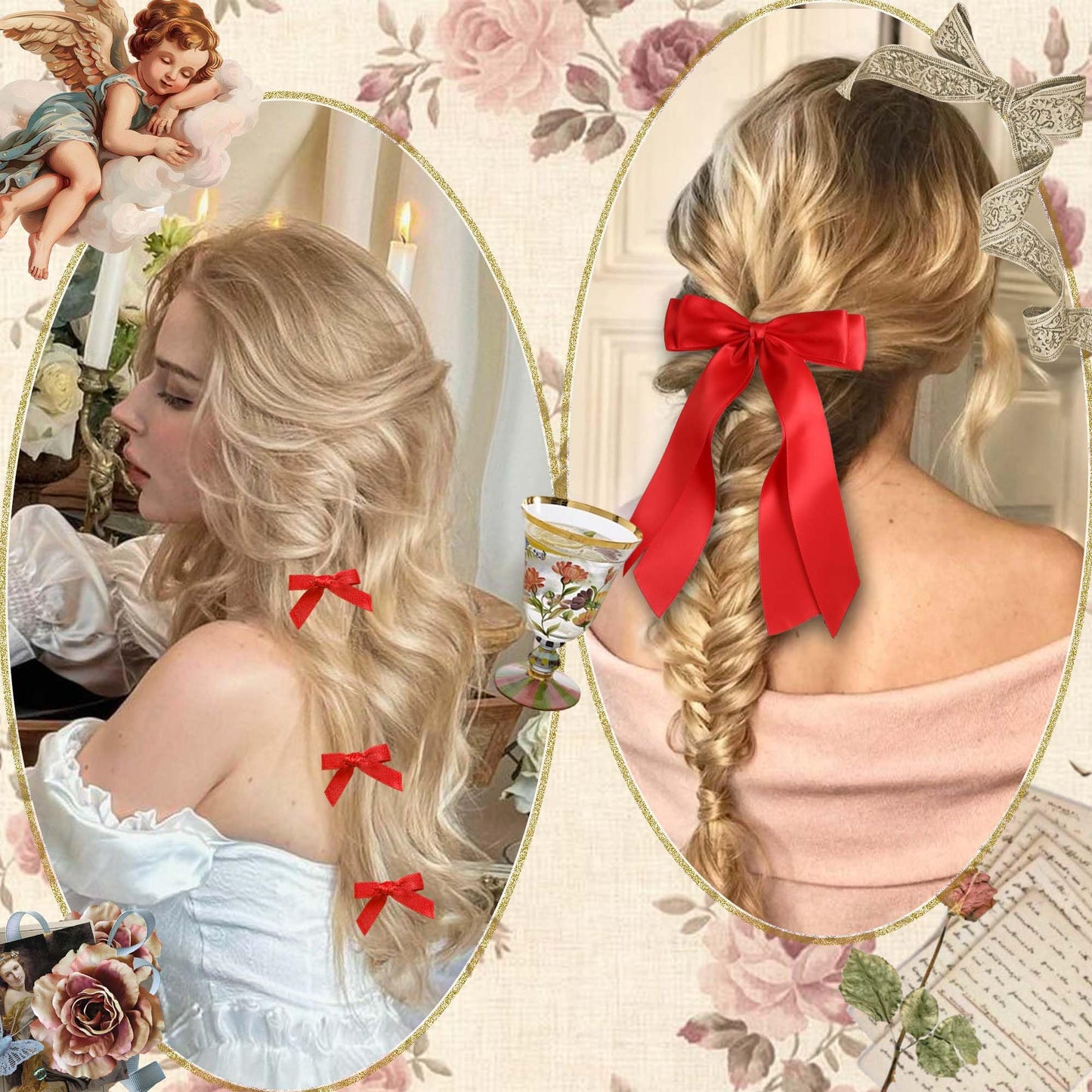 STGDAK Red Hair Bows For Girls Women Double Layer Ribbon Long Tails Elegant Bow Clips Mini Ribbon Bow Barrettes Small Bowknot Clip Valentine's Day Hair Accessories For Girls Women