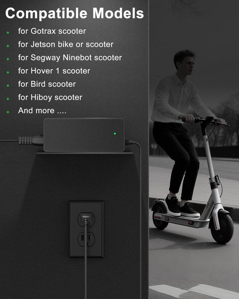 VHBW 42V 2A Electric Scooter Charger with 5 Plugs,Compatible with Gotrax, Jetson,Hover 1,Segway,Ninebot,Hiboy,Bird,Hoverstar,Volpam Scooters and Ebike with 36V Battery,9.8Ft Cable,LED Indicator
