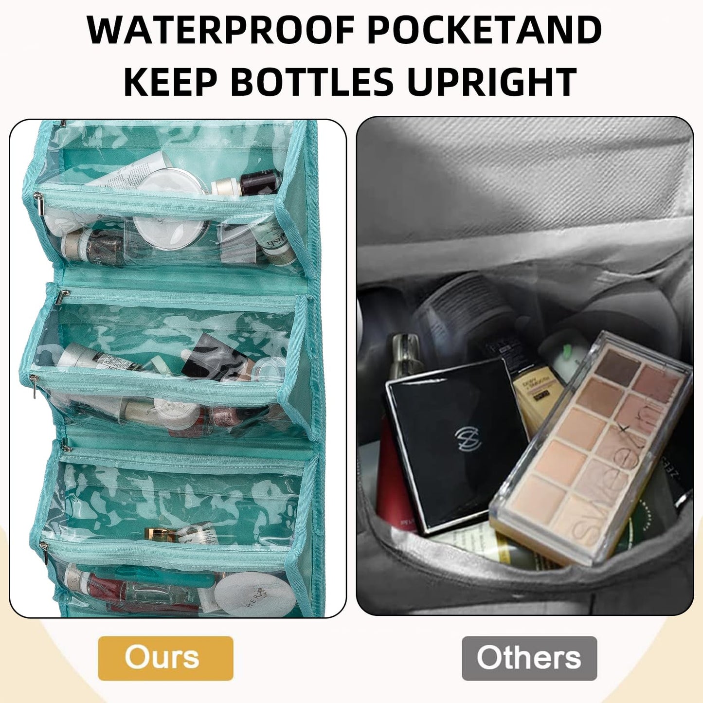 ROYALFAIR Roll Up Makeup Bag, Waterproof Toiletry Bag for Women, Hanging Travel Organizer with Jewelry Organizer Compartment, Extra Large 4 Clear TSA Approved (light blue)