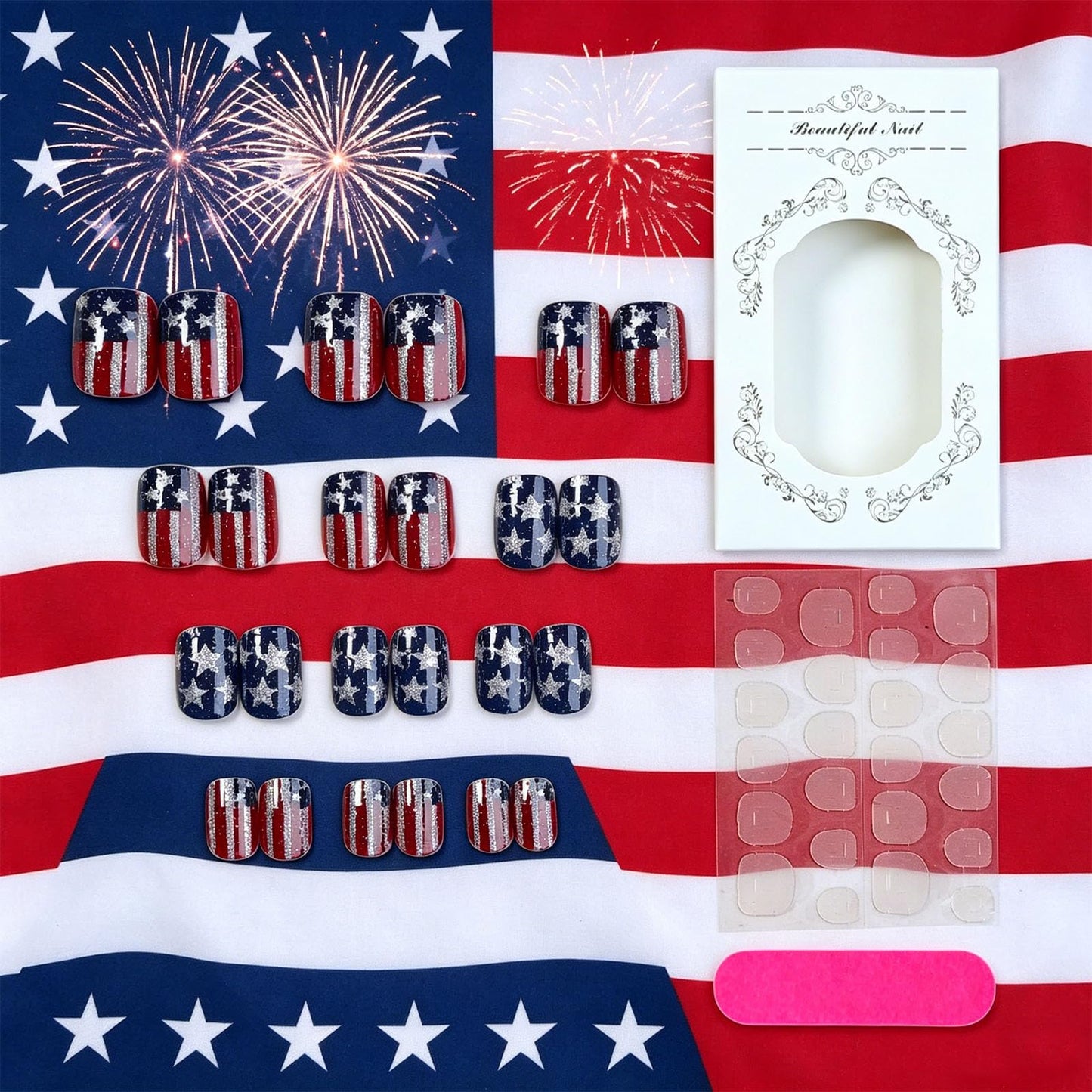 24Pcs 4th of July Press on Nails American Flag Acrylic Fake Nail Patriotic Gel Glue on Nail Fourth of July Short Square False Nails Glossy Silver Glitter Stick on Fingernails for Independence Day Gift
