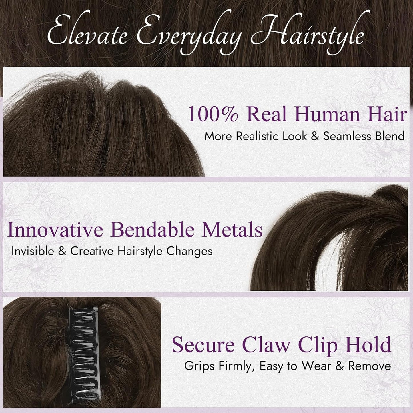 Claw Clip Ponytail Extension - 8 Inch Dark Brown Human Hair Messy Bun for Women | Bendable Metal Style