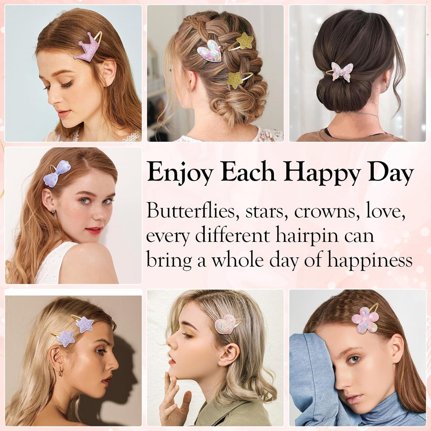Hair Clips Set - 16 Sparkly Metal Snap Barrettes for Girls | Flower, Star, Crown, Heart & Butterfly Designs