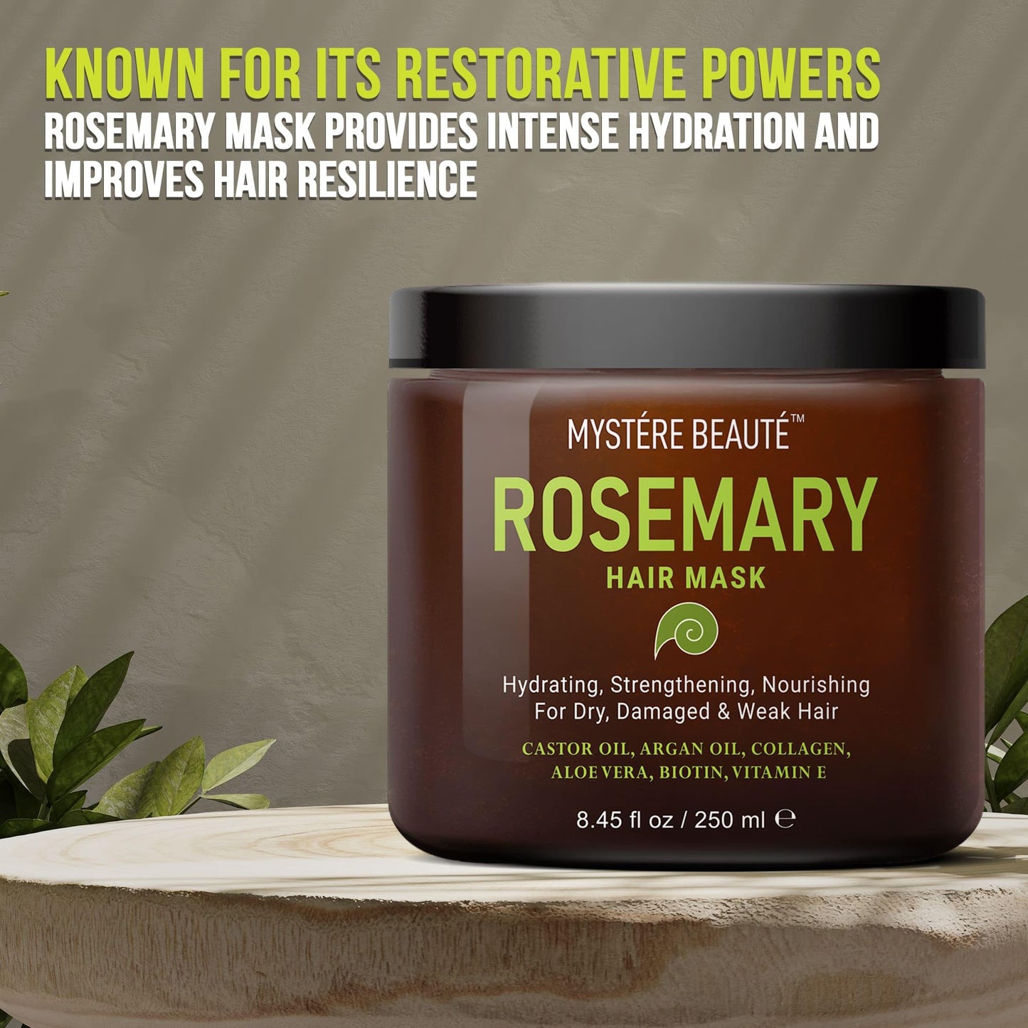 MYSTÉRE BEAUTÉ Rosemary Deep Conditioning Hair Mask for Dry Damaged Hair and Growth with Collagen Argan Oil - Rosemary Oil Leave in Conditioner aceite de romero puro y natural 8.5 fl oz x 2 Pack