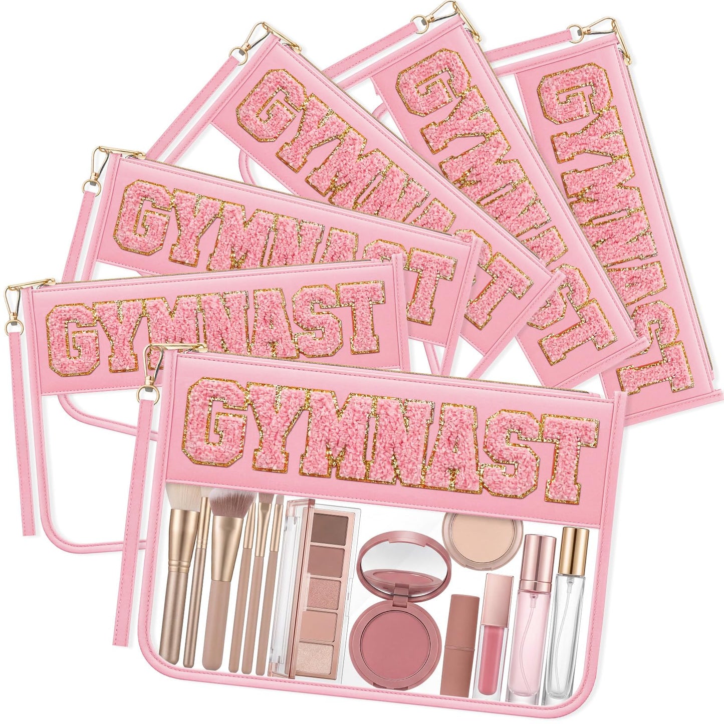 Sunnymove 6 Pcs Gymnastics Gifts Cosmetic Makeup Bags, Pink Clear PVC Zipper Pouch with Chenille Letter Patch, Waterproof Travel Toiletry Storage Bag for Team Girls Women Party Favor