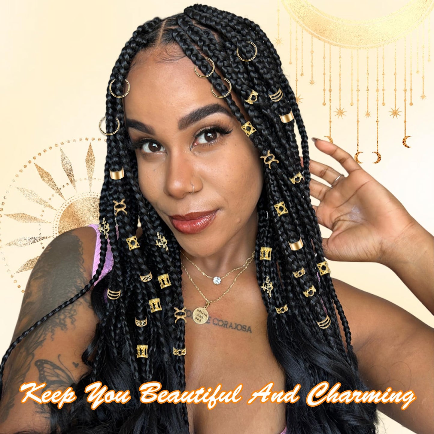 NAISKA 220 PCS Gold Hair Jewelry for Braids Hair Cuffs Rings Loc Jewelry for Women Dreadlock Hair Charms Stylish Box Hair Accessories for Women Men