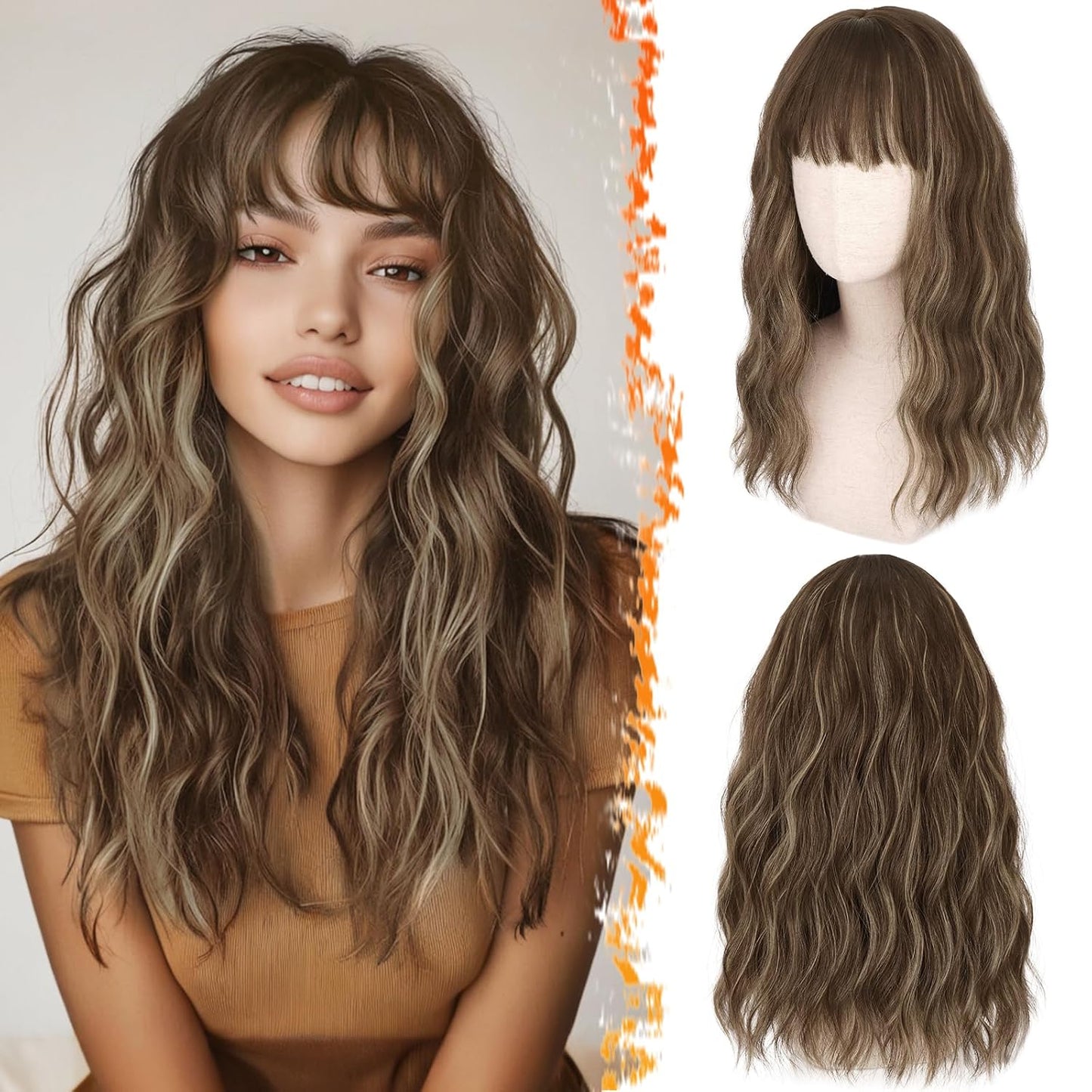 Long Wavy Blonde Curtain Bangs Wig - 26" Synthetic Ombre Wig with Dark Roots | Soft Natural Look
